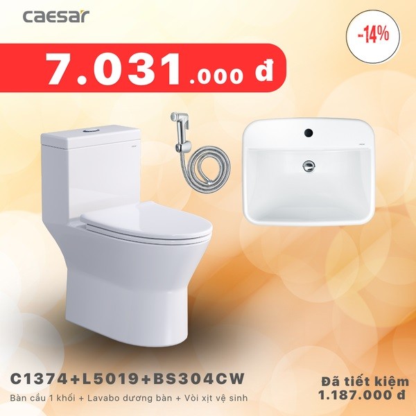 Combo KM Caesar Bồn Cầu Một Khối + Lavabo + Vòi xịt C1374 + L5019 + BS304CW