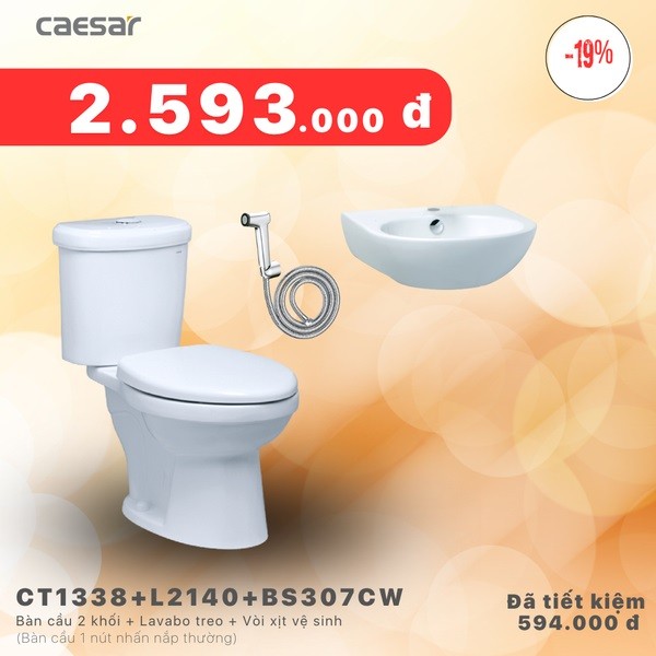 Combo KM Caesar Bồn Cầu + Vòi Xịt + Lavabo - CT1338 + L2140 + BS307CW