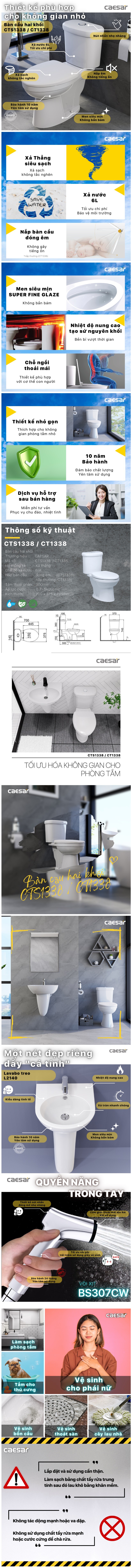 KM Caesar Bồn Cầu + Vòi Xịt + Lavabo - CT1338 + L2140 + BS307CW