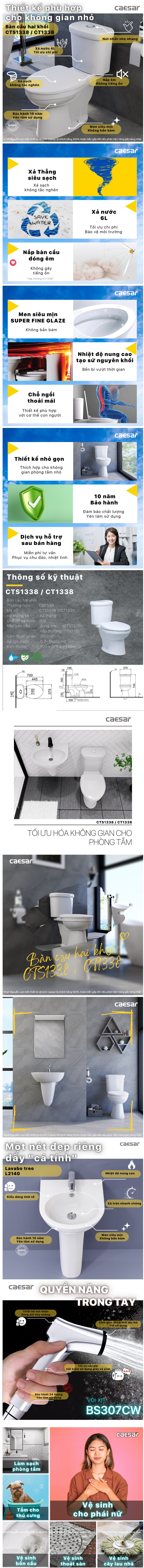 KM Caesar Bồn Cầu + Vòi Xịt + Lavabo - CTS1338 + L2140 + BS307CW