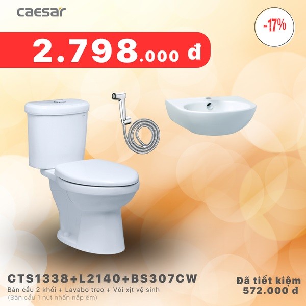 Combo KM Caesar Bồn Cầu + Vòi Xịt + Lavabo - CTS1338 + L2140 + BS307CW