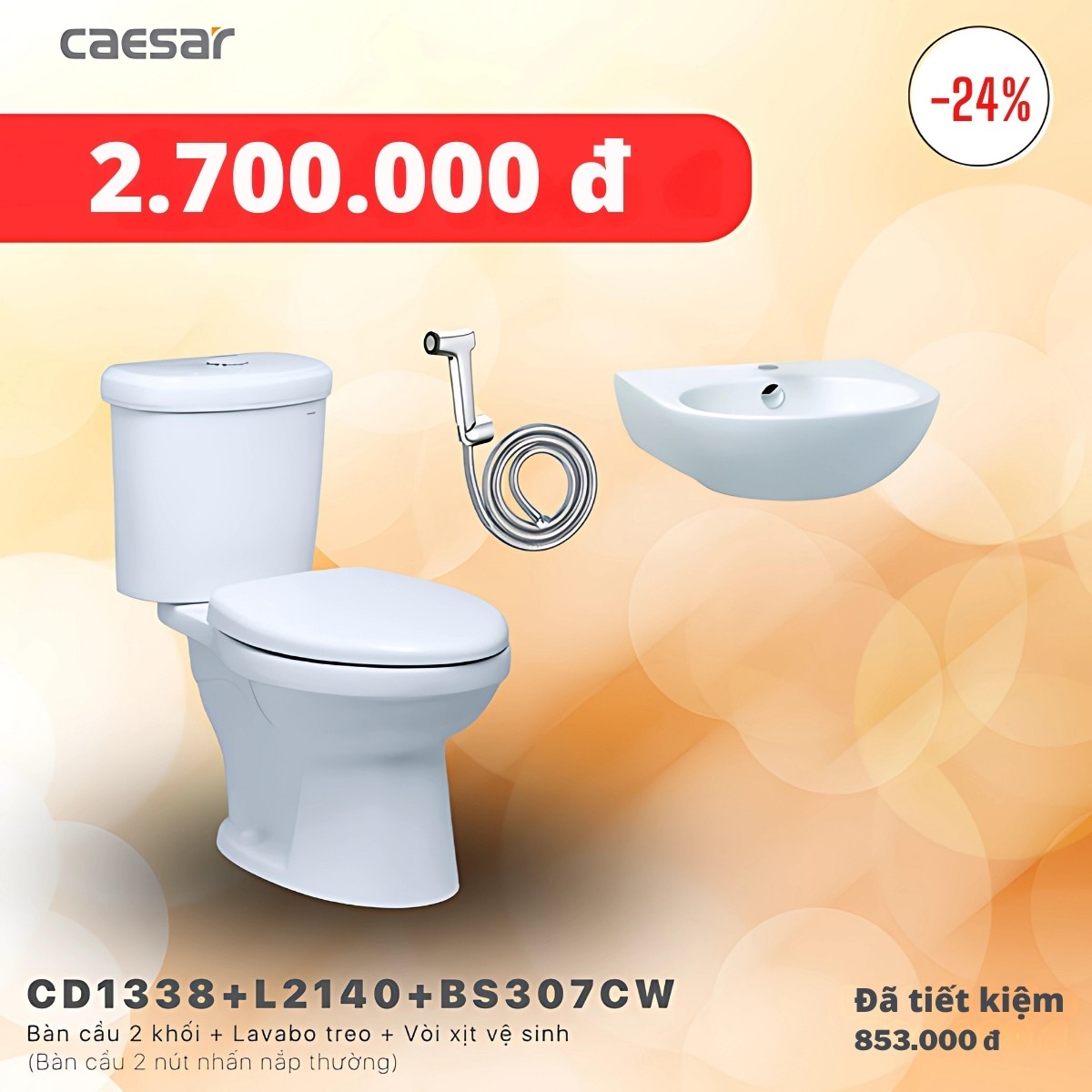 Combo KM bồn cầu+ lavabo + vòi xịt Caesar CD1338 + L2140 + BS307CW