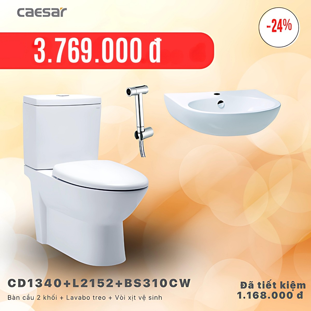 Combo KM bàn cầu + Lavabo treo + Vòi xịt Xi Caesar - CD1340 + L2152 + BS307CW