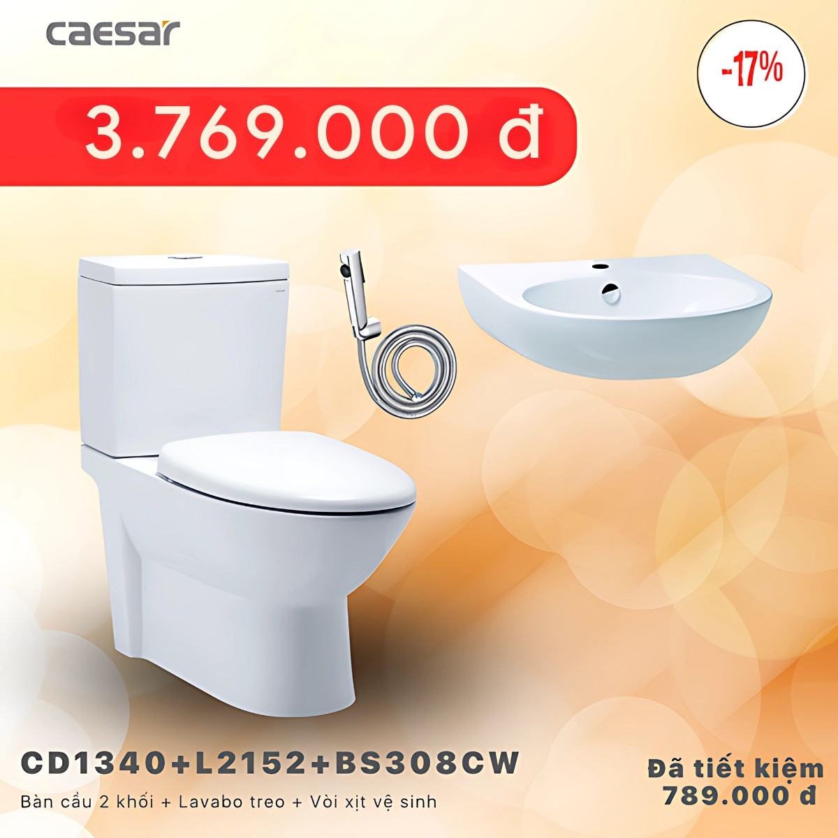 Combo KM bàn cầu + lavabo treo + vòi xịt Inox Caesar - CD1340 + L2152 + BS308CW 