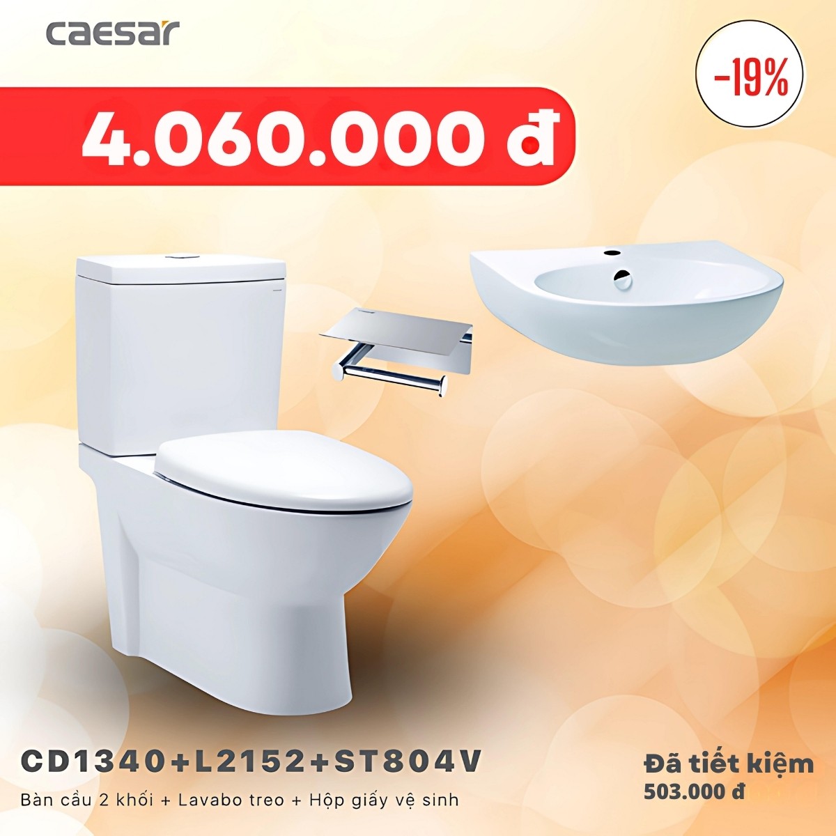 Combo KM bàn cầu + Lavabo treo + Hộp đựng giấy vệ sinh Caesar CD1340 + L2152 + ST804V