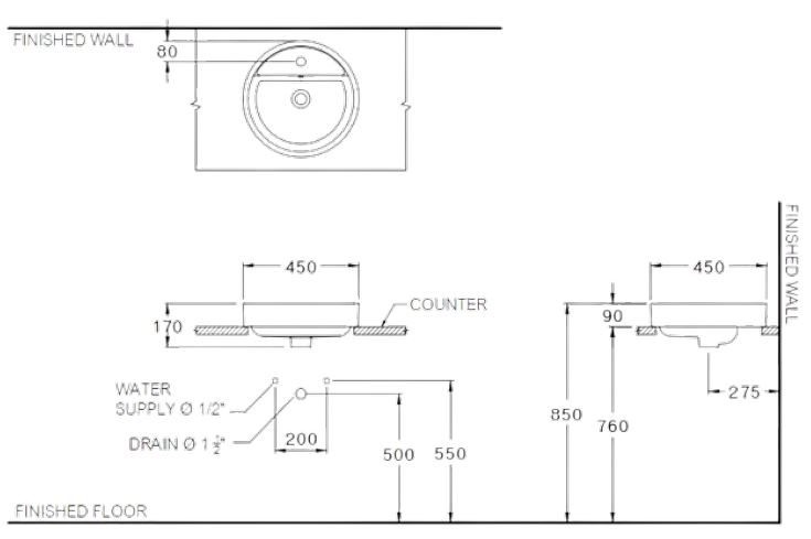 Bản Vẽ Lavabo Cotto Đặt Bàn Đá C003807MM