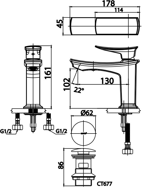 Bản Vẽ Vòi Lavabo Cotto CT2251A Nóng Lạnh THANTARA