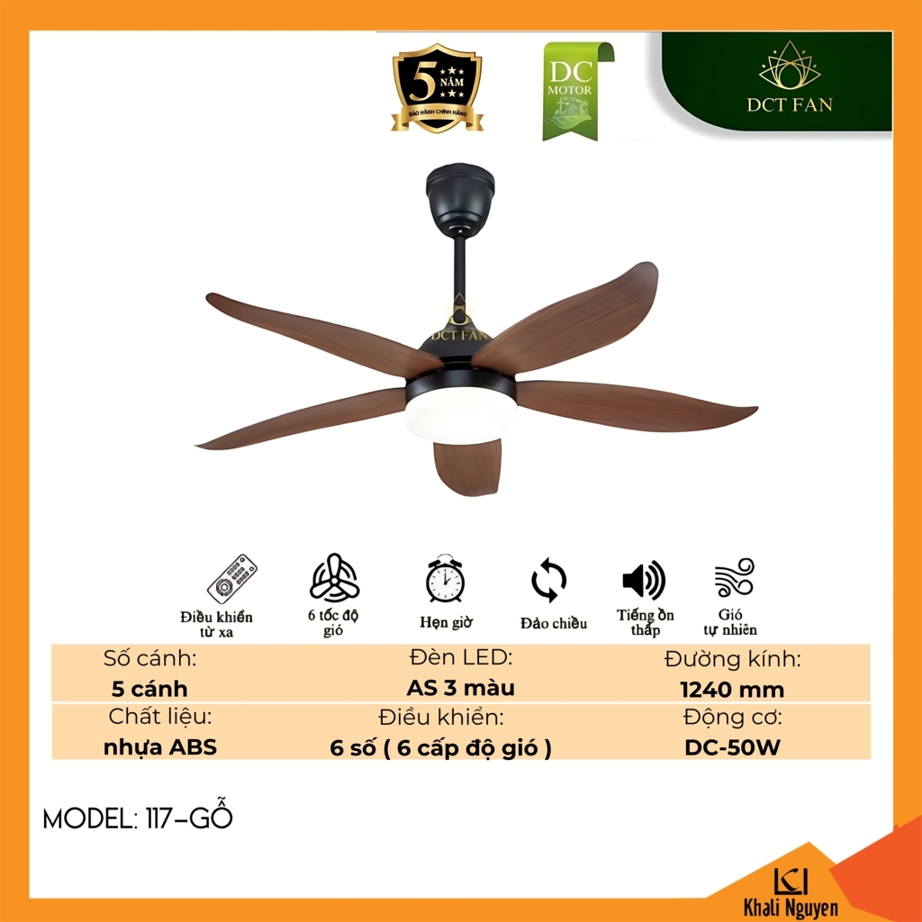 Quạt trần đèn LED DCT Fan 117-GỖ
