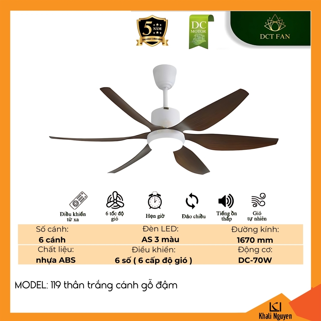 Quạt trần đèn LED DCT Fan 119-THAN-TRANG-CANh-GO