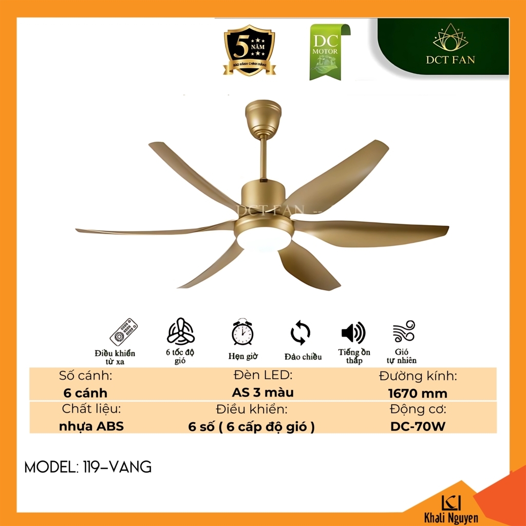 Quạt trần đèn LED DCT Fan 119-VANG