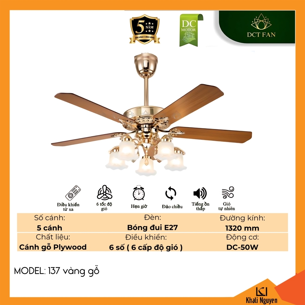 Quạt trần đèn LED DCT Fan 137-VANG-GO đui đèn E27