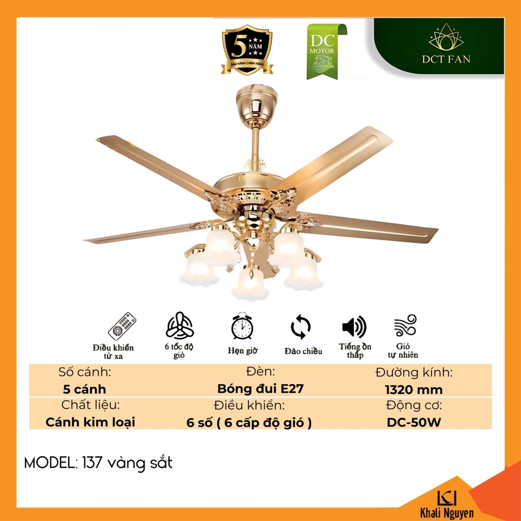 Quạt trần đèn DCT Fan 137-VANG-SAT