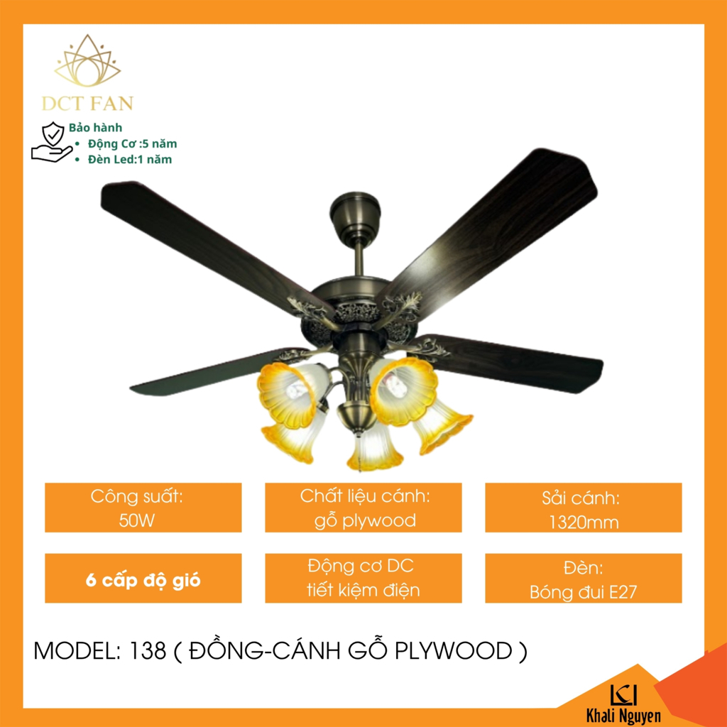 Quạt trần đèn 5 cánh DCT FAN 138 màu đồng, cánh gỗ plywood