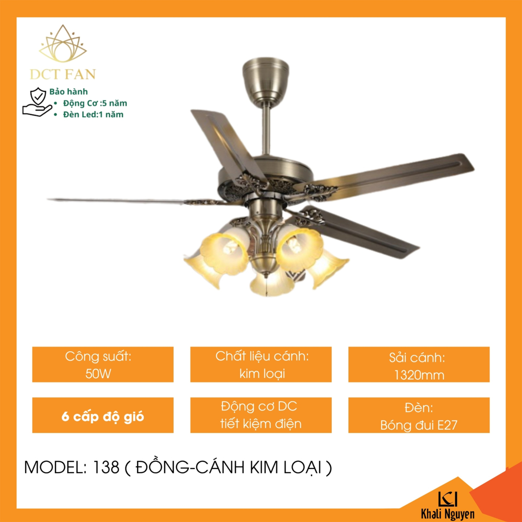 Quạt trần đèn 5 cánh DCT FAN 138 màu đồng, cánh kim loại