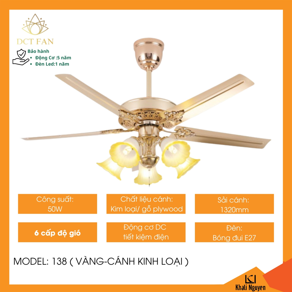 Quạt trần đèn 5 cánh DCT FAN 138 màu vàng, cánh kim loại