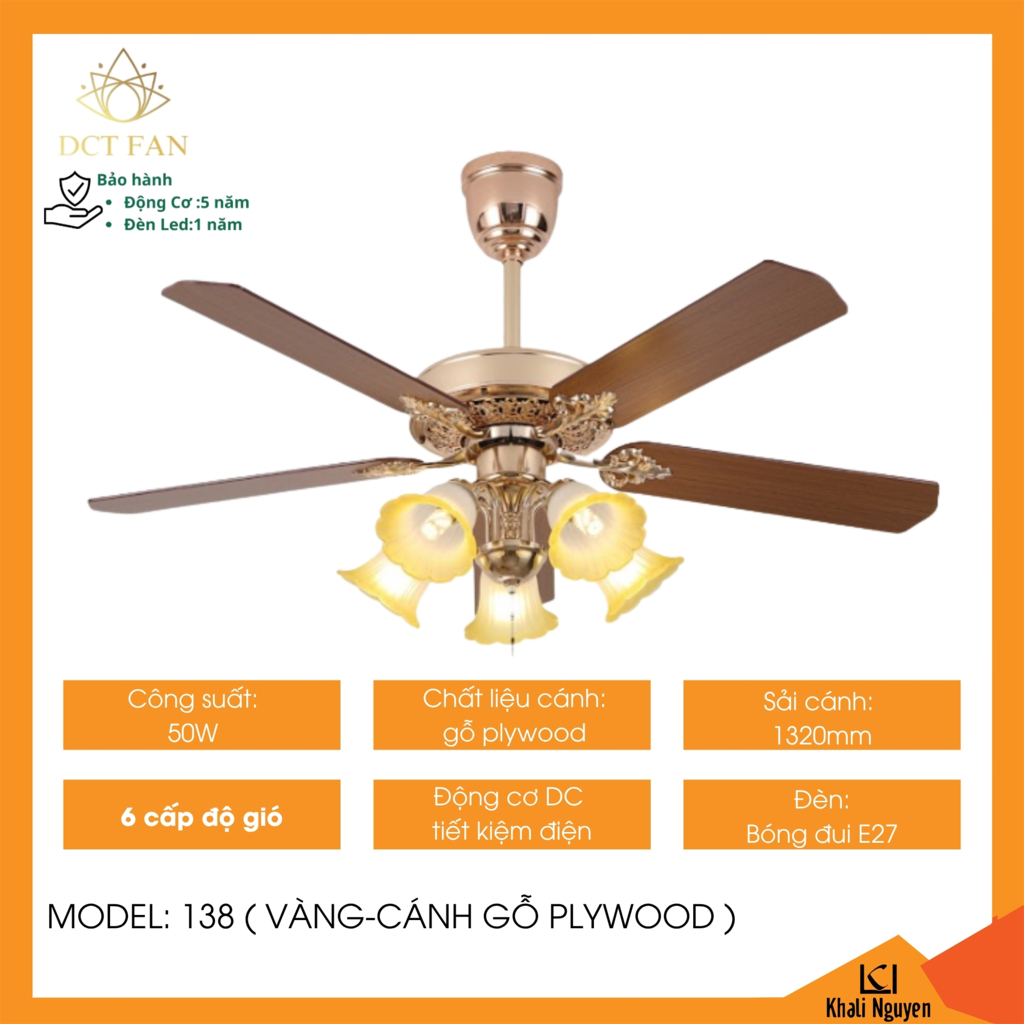 Quạt trần đèn 5 cánh DCT FAN 138 màu vàng, cánh gỗ plywood
