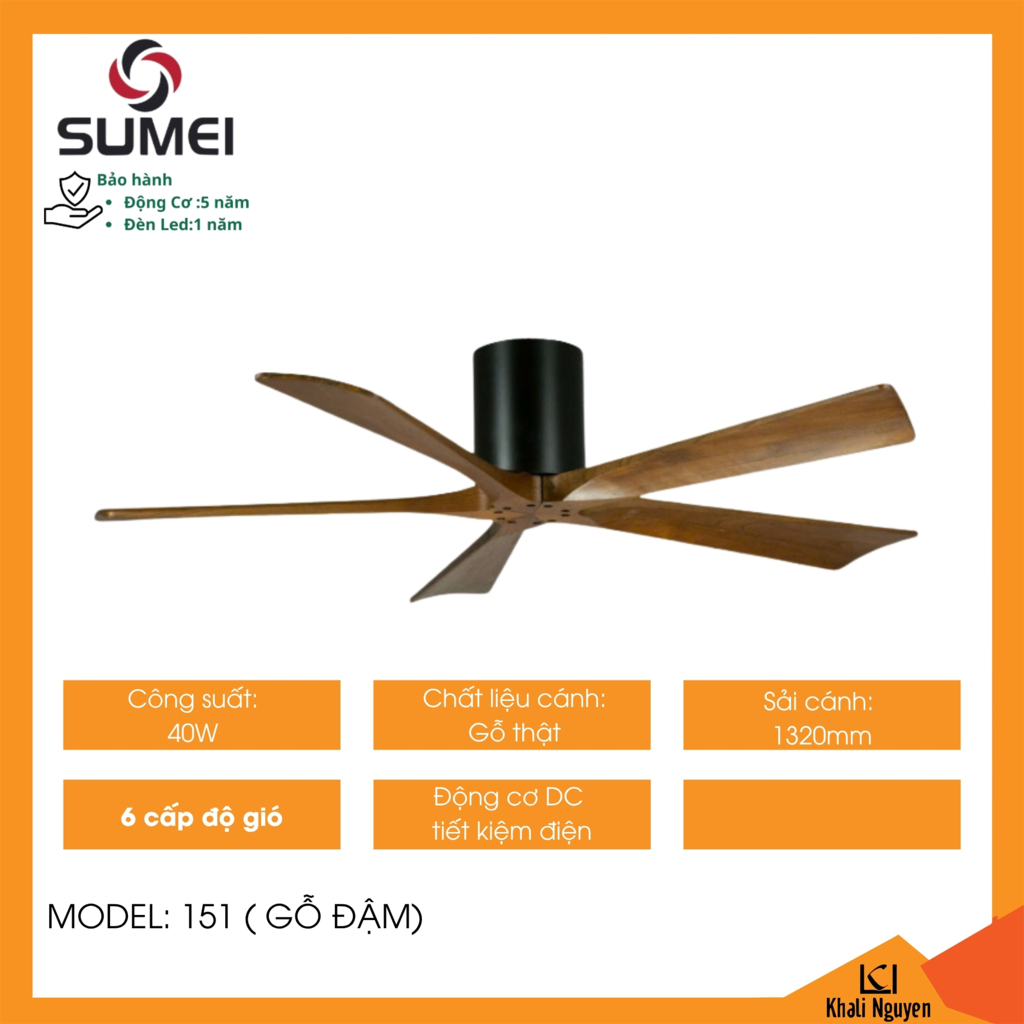 Quạt trần 5 cánh DCT SUMEI 151 màu gỗ đậm | Cánh gỗ thật | 40W | Sải cánh 1320mm