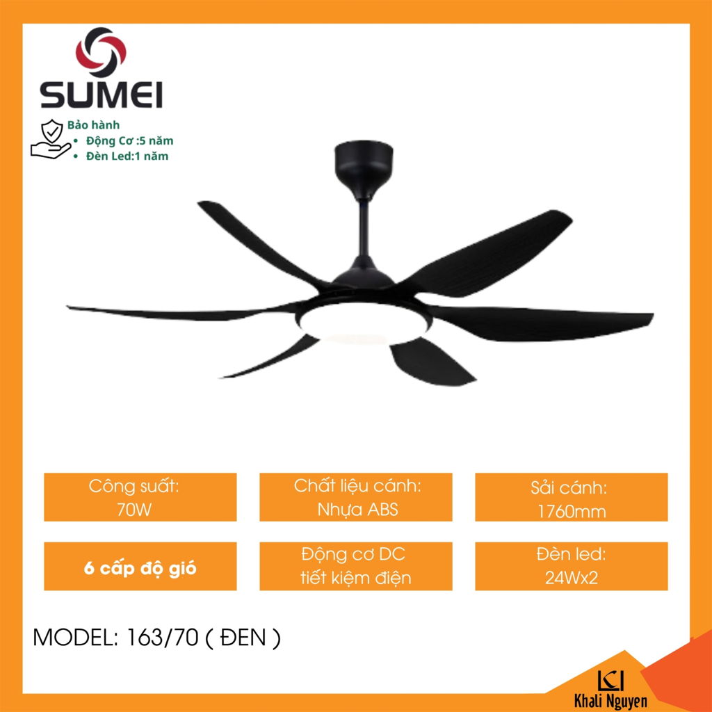 Quạt trần đèn led 6 cánh DCT SUMEI 163/70 màu đen