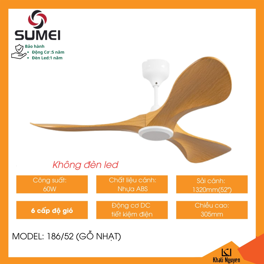 Quạt trần 3 cánh DCT SUMEI 186/52 màu gỗ nhạt