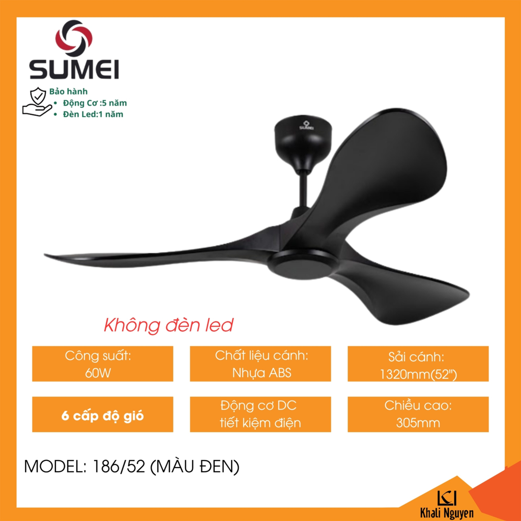 Quạt trần 3 cánh DCT SUMEI 186/52 màu đen