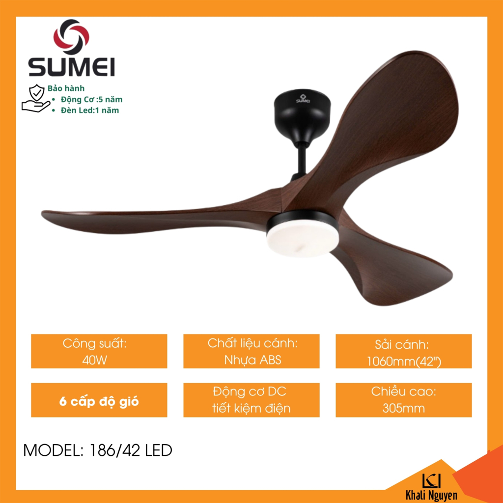 Quạt trần đèn led 3 cánh DCT SUMEI 186/42 | 40W | Sải cánh 1060mm