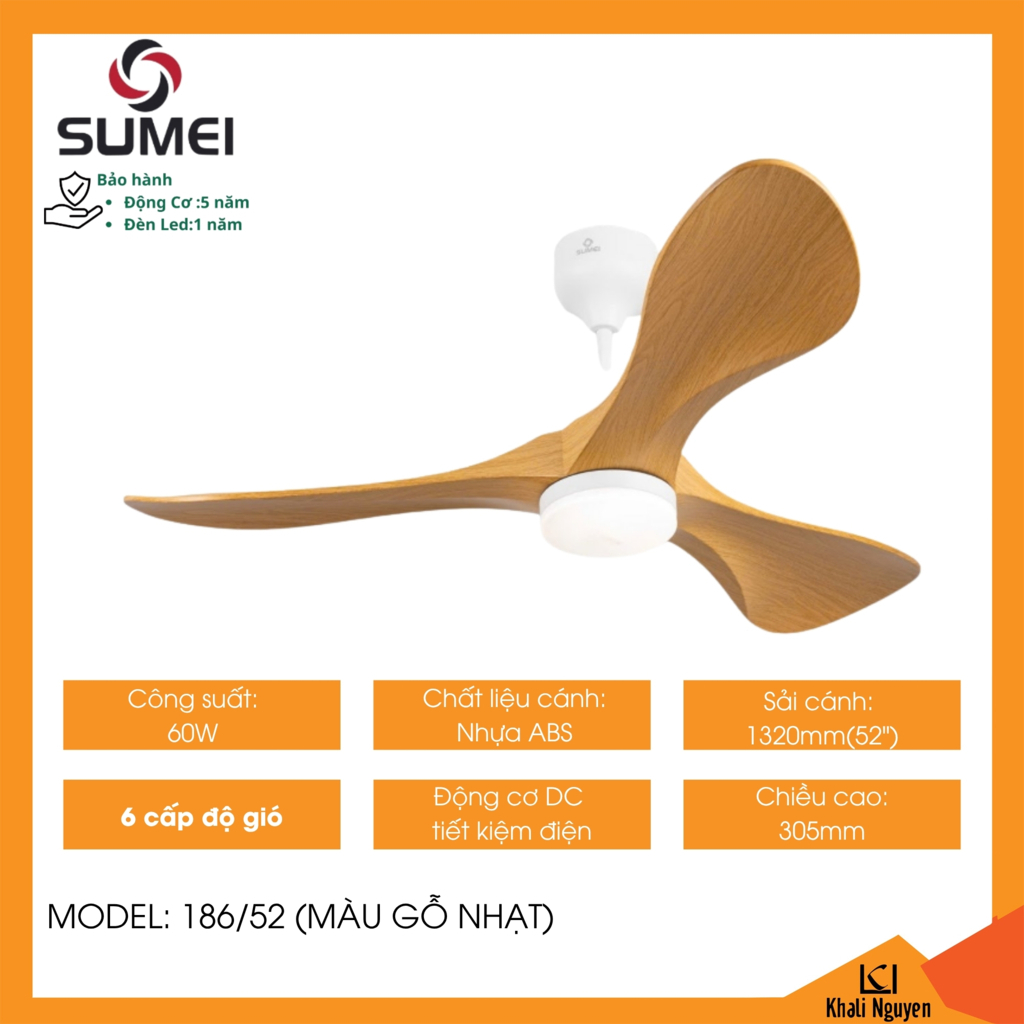 Quạt trần đèn led 3 cánh DCT SUMEI 186/52 màu gỗ nhạt