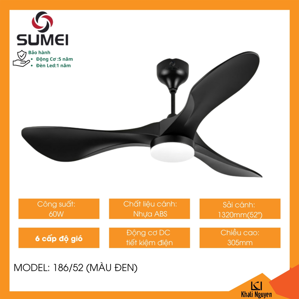 Quạt trần đèn led 3 cánh DCT SUMEI 186/52 màu đen