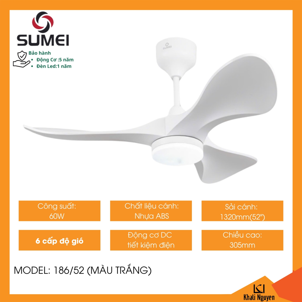 Quạt trần đèn led 3 cánh DCT SUMEI 186/52 màu trắng