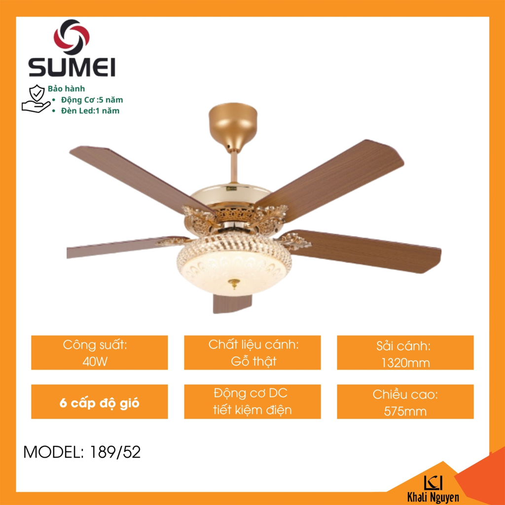 Quạt trần 5 cánh DCT SUMEI 189/52 | Chiều cao:575mm | 40W | Sải cánh 1320mm