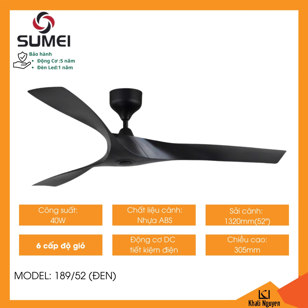 Quạt trần 3 cánh DCT SUMEI 189/52 màu đen