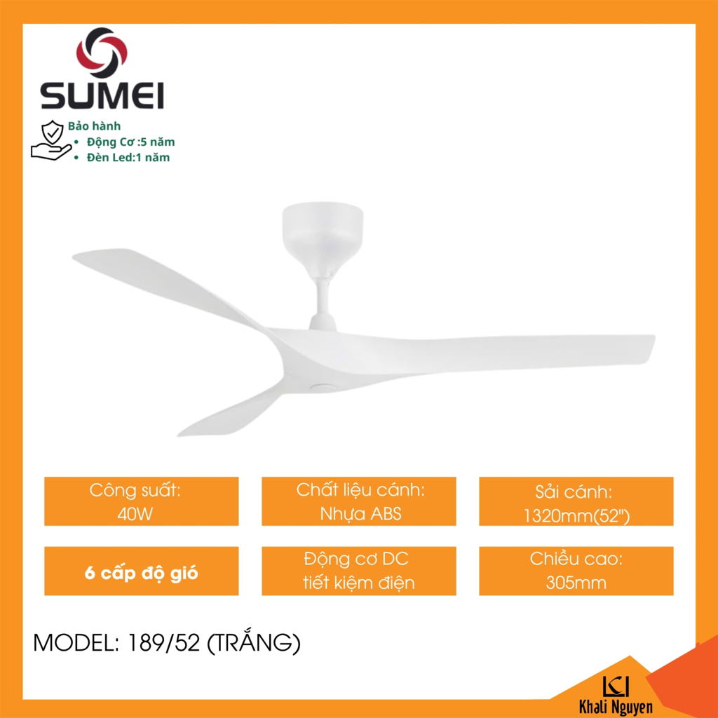 Quạt trần 3 cánh DCT SUMEI 189/52 màu trắng