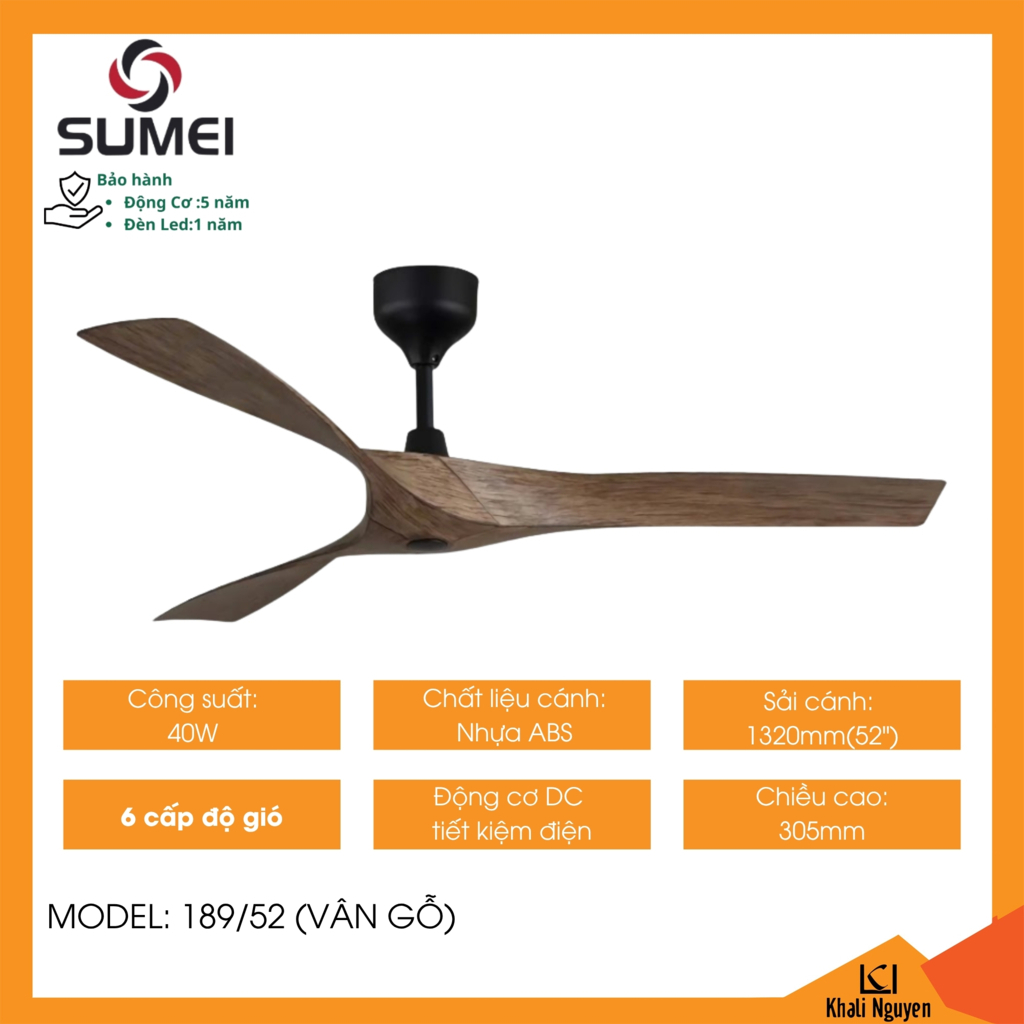 Quạt trần 3 cánh DCT SUMEI 189/52 màu vân gỗ