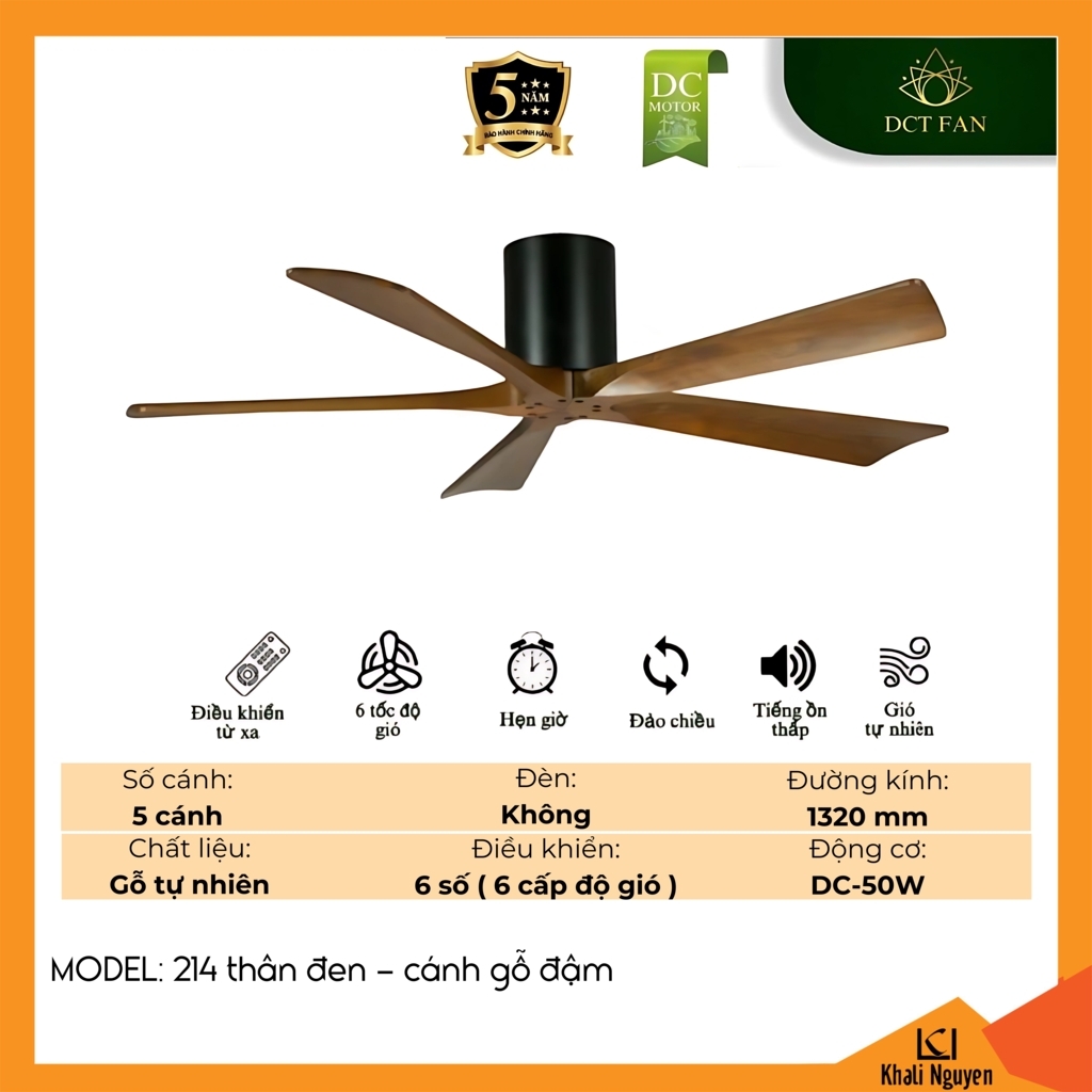 Quạt trần DCT Fan 214-THAN-DEN-CANH-GO-DAM