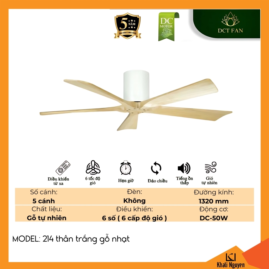 Quạt trần DCT Fan 214-THÂN-TRẮNG-GỖ-NHẠT