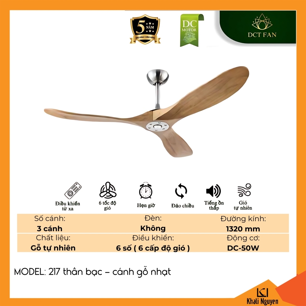 Quạt trần DCT Fan 217 thân bạc - cánh gỗ nhạt