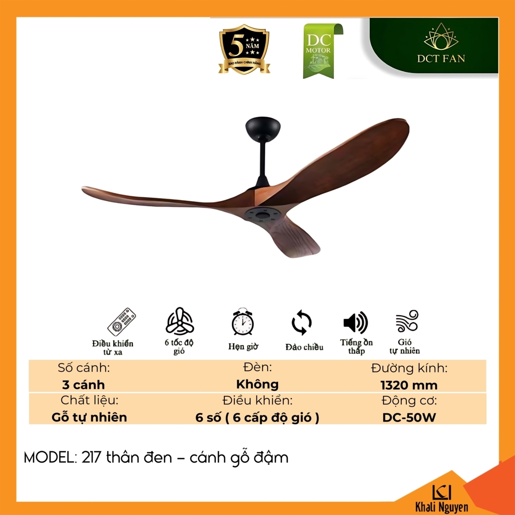 Quạt trần DCT Fan 217 thân đen - cánh gỗ đậm