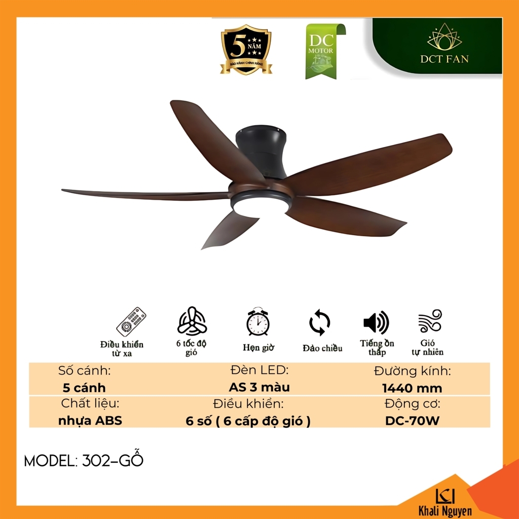 Quạt trần đèn LED DCT Fan 302-GỖ