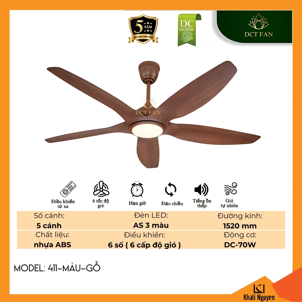 Quạt trần đèn LED DCT Fan 411-MÀU-GỖ