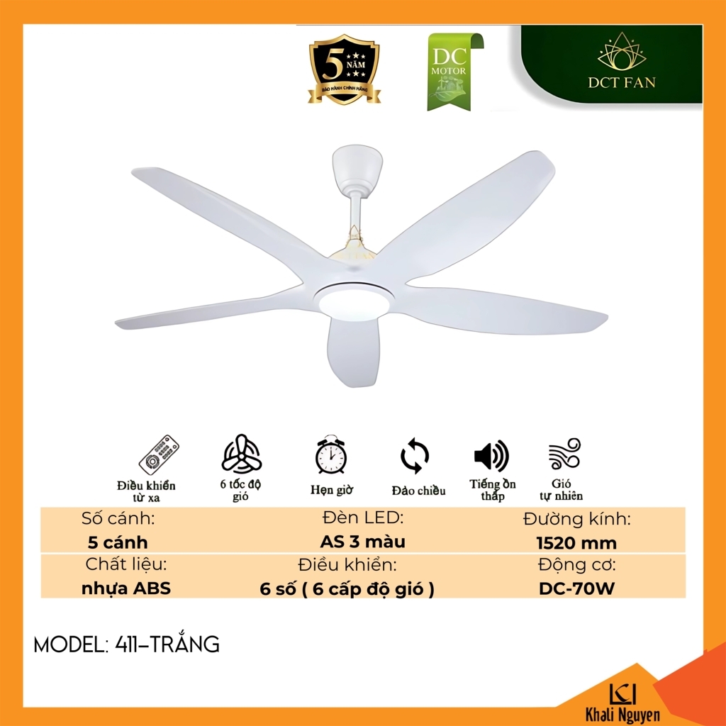 Quạt trần đèn LED DCT Fan 411-TRẮNG