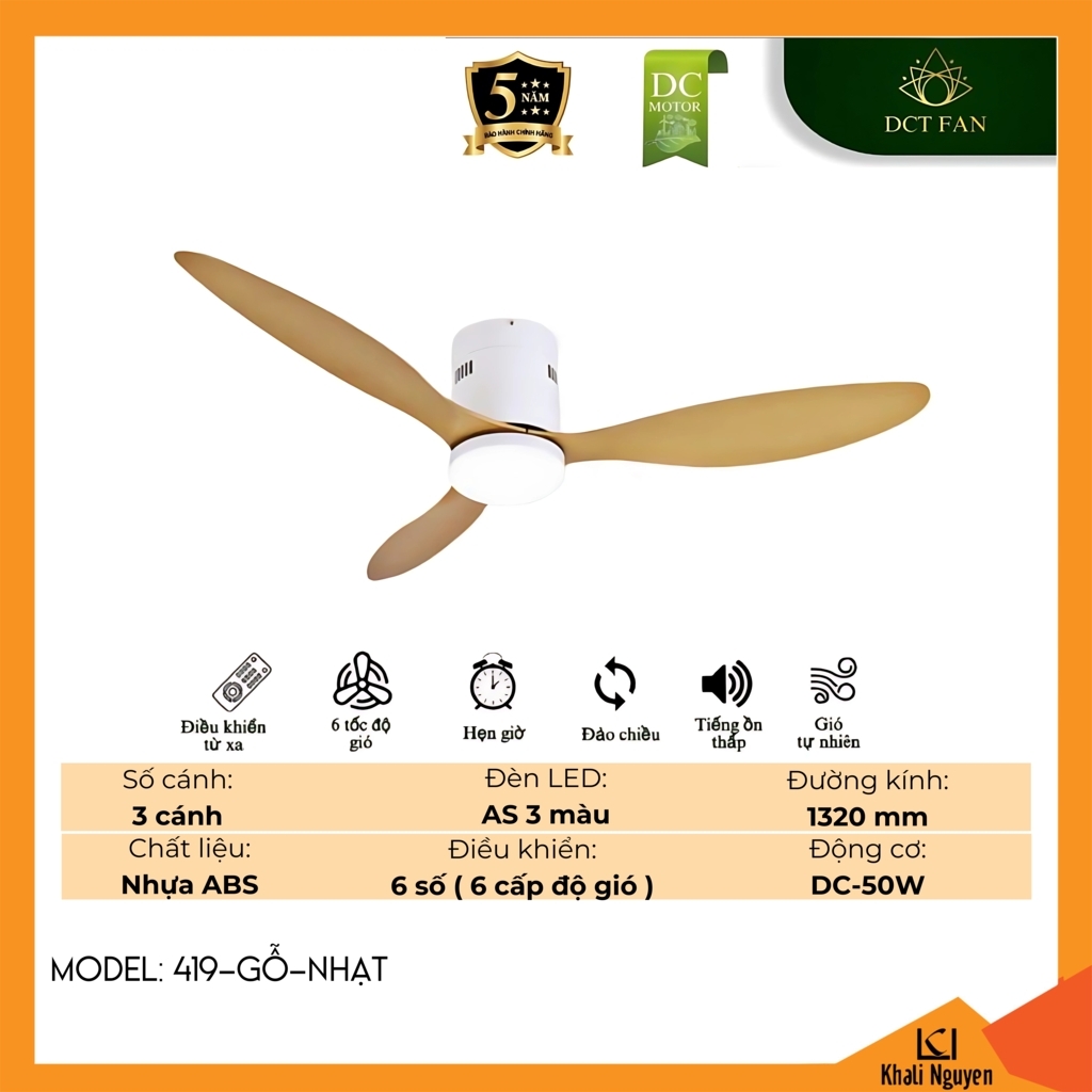 Quạt trần đèn LED DCT Fan 419-GỖ-NHẠT