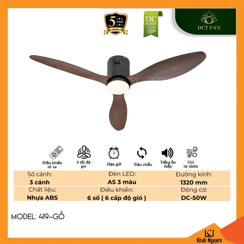 Quạt trần đèn LED DCT Fan 419-GỖ