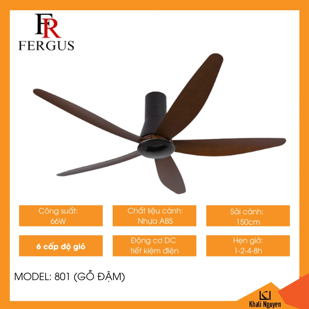 Quạt trần Fergus 801 gỗ đậm | 5 cánh | 66W | Sải cánh 150cm