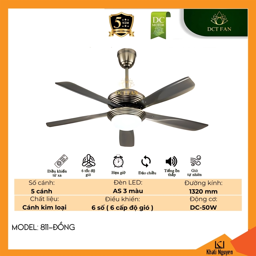 Quạt trần đèn LED DCT Fan 811-ĐỒNG