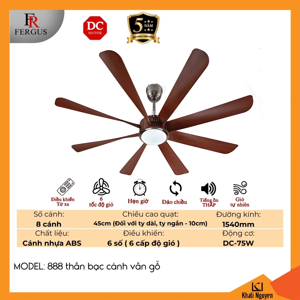 Quạt trần đèn LED FERGUS 888-THAN-BAC-CANH-VAN-GO