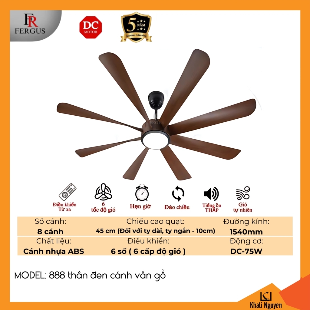 Quạt trần đèn LED FERGUS 888-THAN-DEN-CANH-VAN-GO