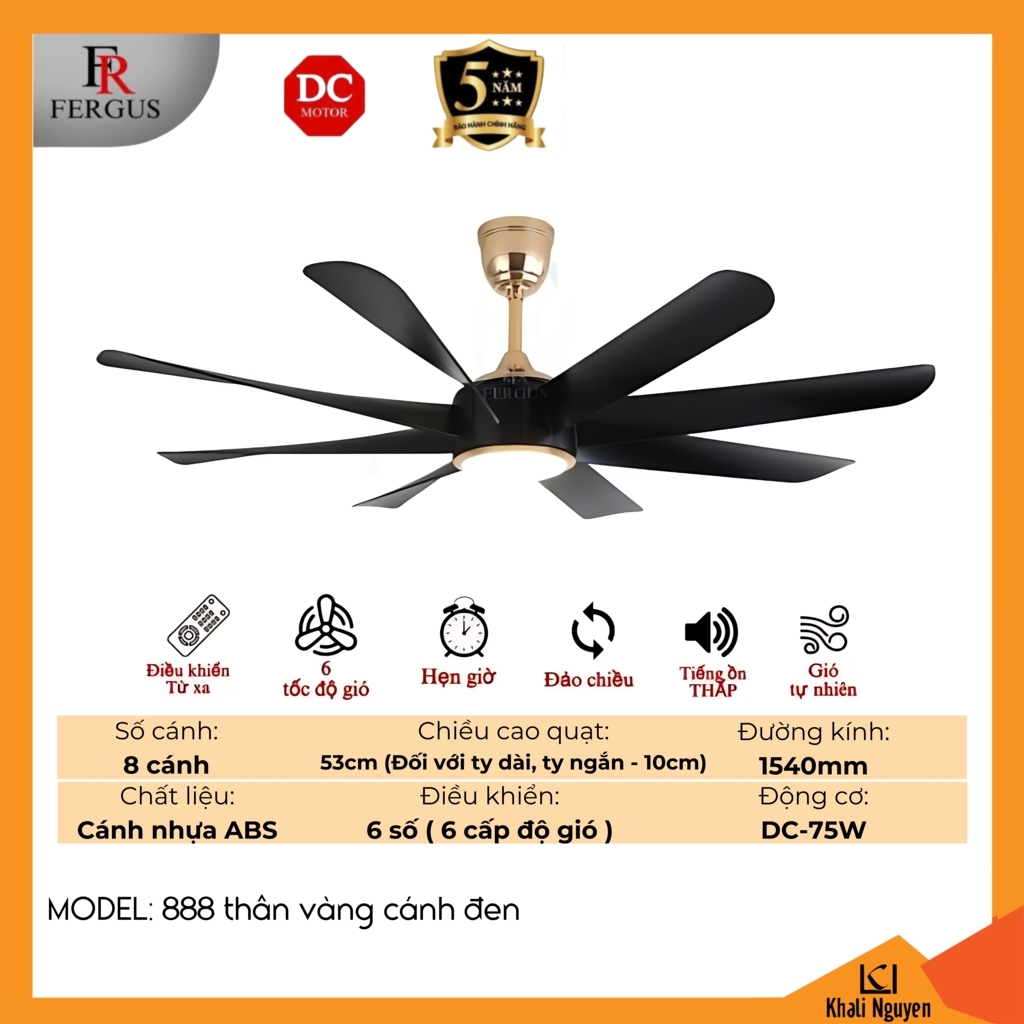 Quạt trần đèn LED FERGUS 888-THAN-VANG-CANH-DEN