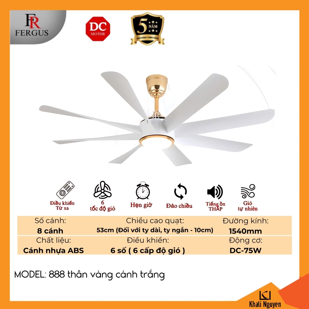 Quạt trần đèn LED FERGUS 888-THAN-VANG-CANH-TRANG