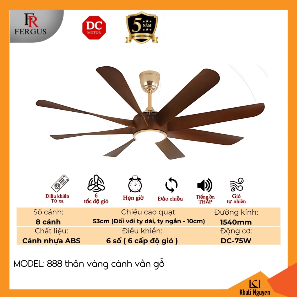 Quạt trần đèn LED FERGUS 888-THAN-VANG-CANH-VAN-GO
