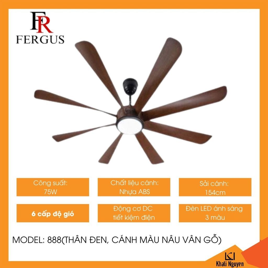 Quạt trần đèn led Fergus 888 thân đen-cánh vân gỗ nâu