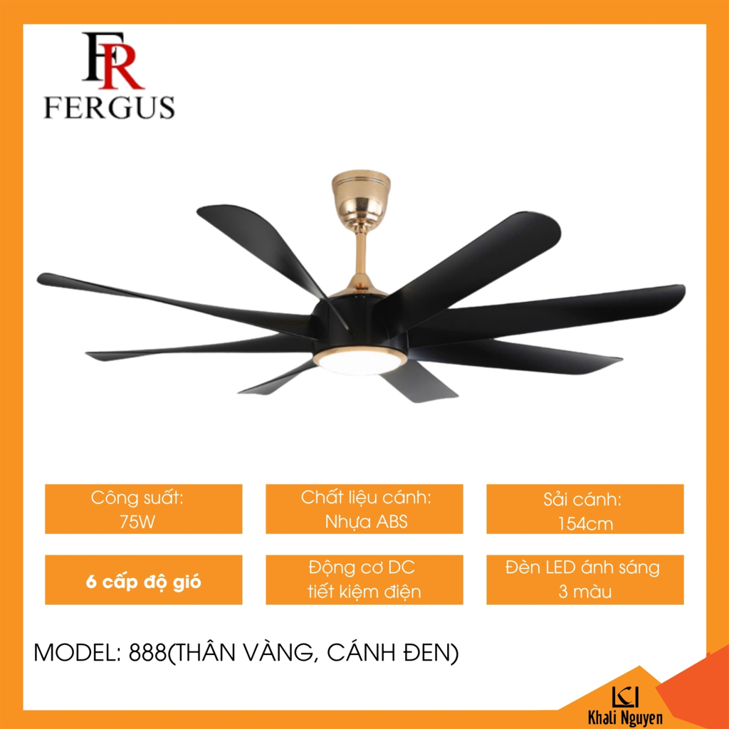 Quạt trần đèn led Fergus 888 thân vàng cánh đen